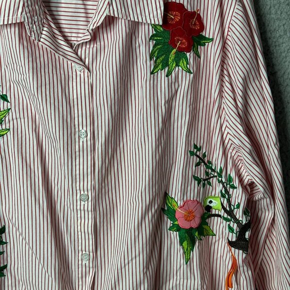 Bechamel 2X Red White Stripe Button Shirt Parrot‎ Floral Embroidered Cotton Top - Picture 5 of 13